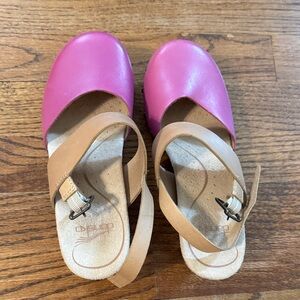 Dansko Pink and Tan Leather Clogs